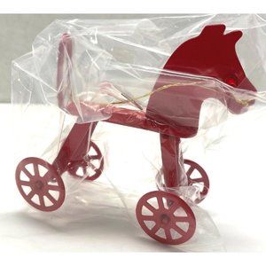 Red Horse Christmas Tree Ornament Vintage Rolling Metal Toy Taiwan 2.5 Inch